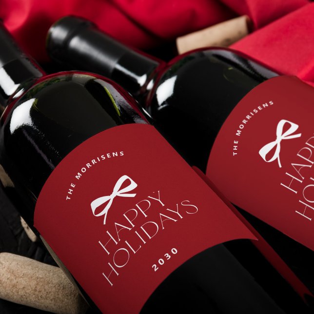 Rótulo De Garrafa De Cerveja Elegant modern red white bow Christmas holiday (Criador carregado)