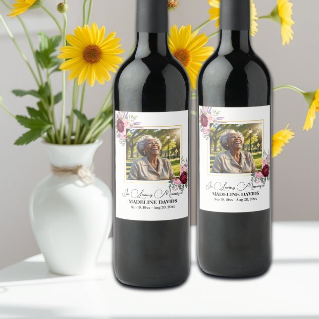 Rótulo De Garrafa De Cerveja Elegant Peonies Photo Funeral (Criador carregado)