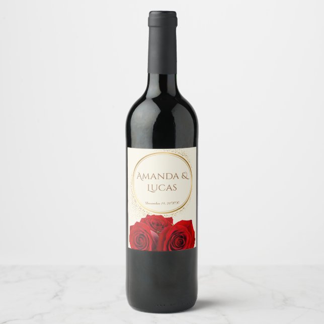 Rótulo De Garrafa De Cerveja Elegant Red Roses Gold Frame Cream Wedding (Frente)