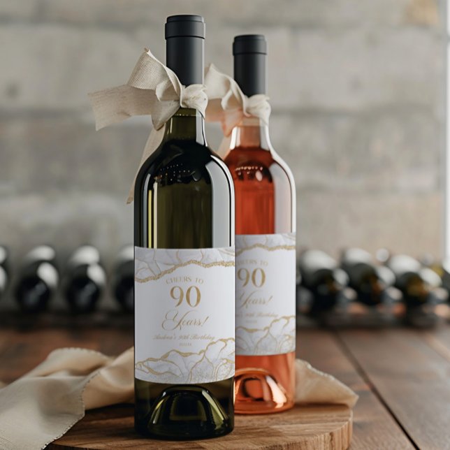 Rótulo De Garrafa De Cerveja Elegant White Gold Agate 90th Birthday Party (Criador carregado)