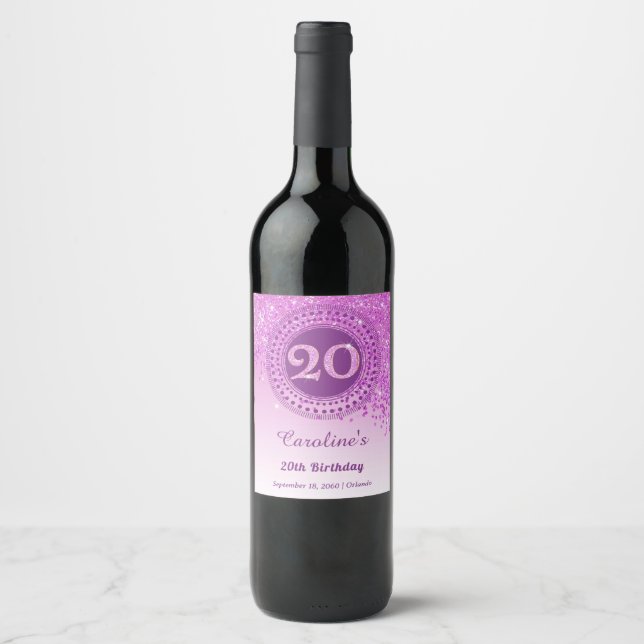 Rótulo De Garrafa De Cerveja Elegante Aniversário de 20 anos com Brilho Rosa (Frente)