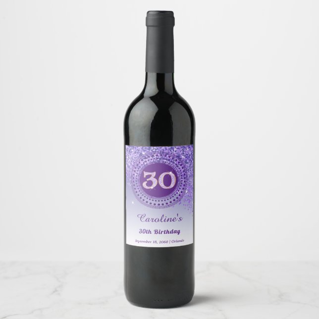 Rótulo De Garrafa De Cerveja Elegante Aniversário de 30 anos com Glitter Roxo (Frente)