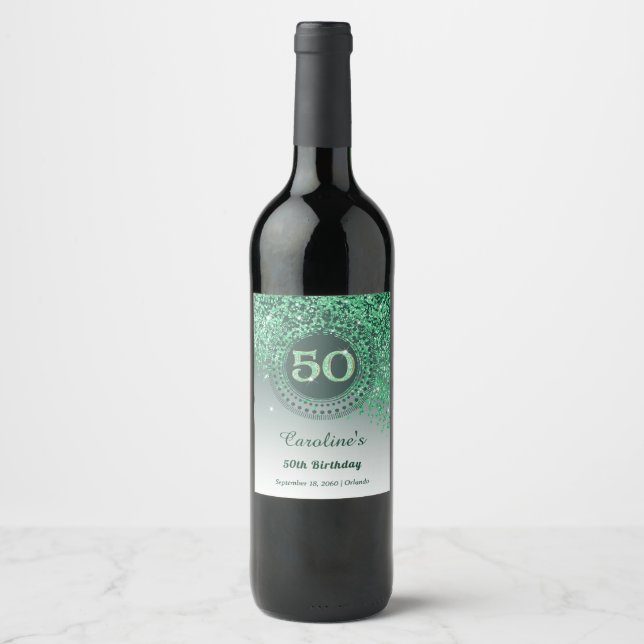 Rótulo De Garrafa De Cerveja Elegante Aniversário de 50 anos com Glitter Verde  (Frente)