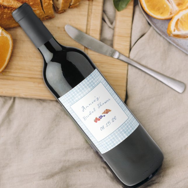 Rótulo De Garrafa De Cerveja Elegante Brunch Chá de panela Light Blue Gingham (Criador carregado)