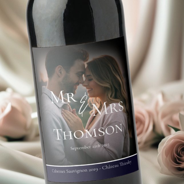 Rótulo De Garrafa De Cerveja Elegante casamento no inverno do marinho fotoescur (Criador carregado)