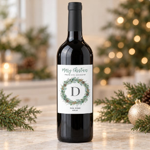 Rótulo De Garrafa De Cerveja Elegante Coroa de Natal Monograma Verde Branco