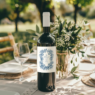 Rótulo De Garrafa De Cerveja Elegante Crista Floral Azul Monograma Casamento