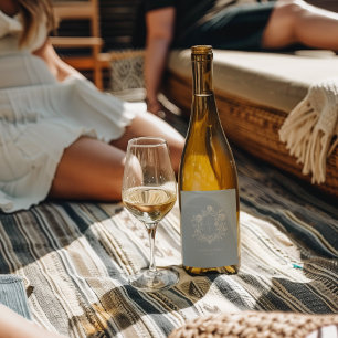 Rótulo De Garrafa De Cerveja Elegante Crista Floral Azul Monograma de Casamento