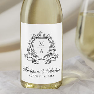 Rótulo De Garrafa De Cerveja Elegante Crista Floral Preta Monograma Casamento