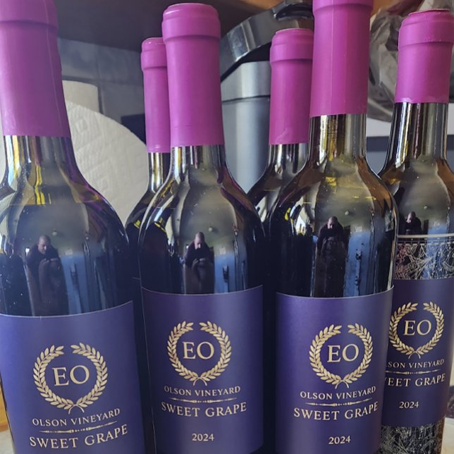 Rótulo De Garrafa De Cerveja Elegante Dourada Laurel Wreath Em Roxo (Criador carregado)