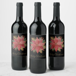 Rótulo De Garrafa De Cerveja Elegante Flor de Poinsettia Vermelho Dourado Feliz