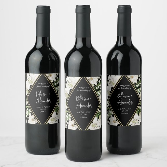 Rótulo De Garrafa De Cerveja Elegante floral aquarela preto e branco  (Garrafas)