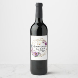 Rótulo De Garrafa De Cerveja Elegante Floral Dourado 1º Aniversário de Casament