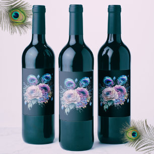 Rótulo De Garrafa De Cerveja Elegante Floral Pavão Preto