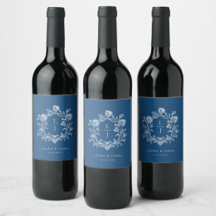 Rótulo De Garrafa De Cerveja Elegante Monograma de Floral Azul com Brasão de Ca