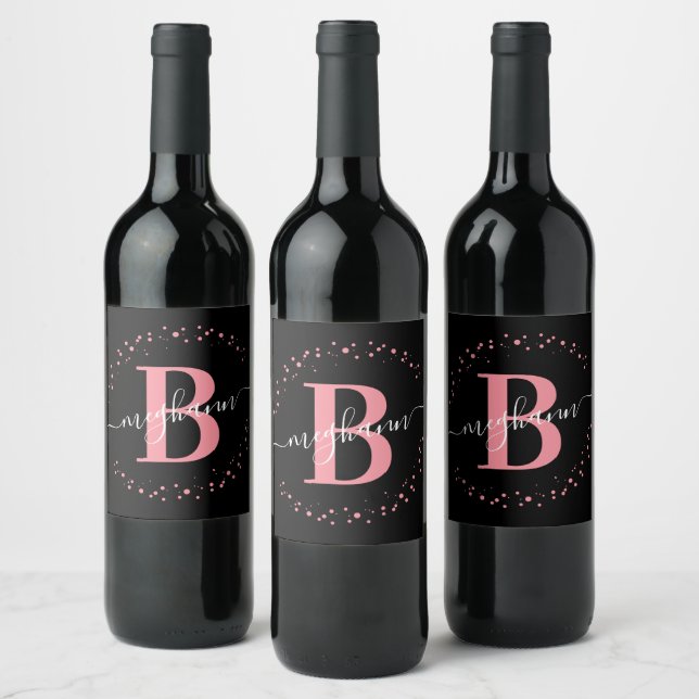 Rótulo De Garrafa De Cerveja Elegante Rosa Preto Nome Monogramado Script  (Garrafas)