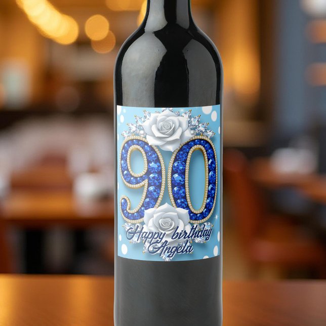 Rótulo De Garrafa De Cerveja Elegante Royal Blue Diamond 90 Birthday (Criador carregado)