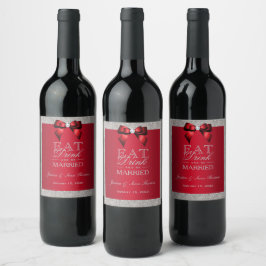 Rótulo De Garrafa De Cerveja Elegante Vermelho Rubi, Casamento Brilho Prata