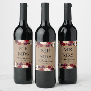 Rótulo De Garrafa De Cerveja Elegante Watercolor Burgundy Floral Wedding Kraft