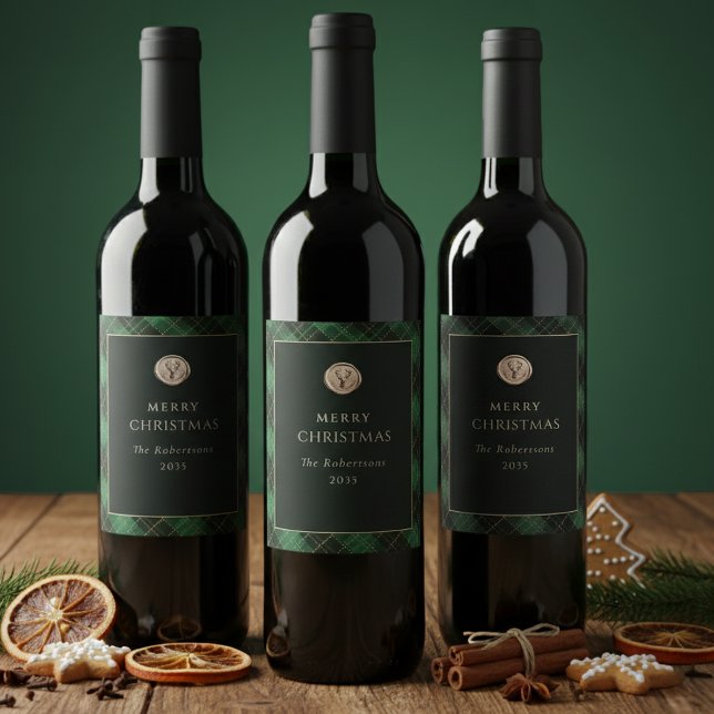 Rótulo De Garrafa De Cerveja Elegante Xadrez Verde Feliz Natal Festivo (Christmas Green Plaid Wine Labels)