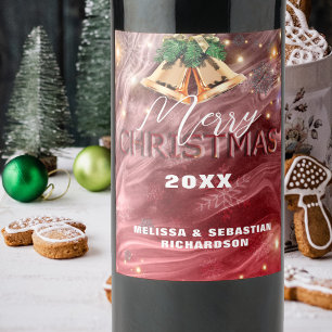 Rótulo De Garrafa De Cerveja Elegantes Sininhos de Ouro Vermelho Natal Feliz