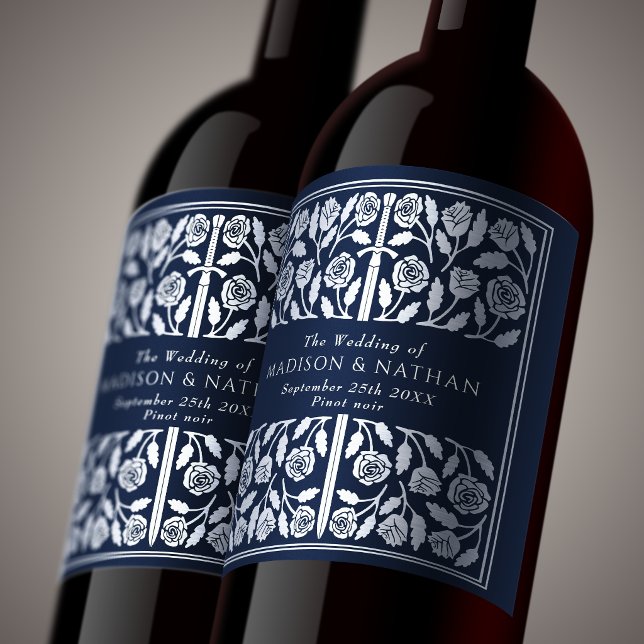Rótulo De Garrafa De Cerveja Espada Medieval Real Azul Prata Casamento (Criador carregado)
