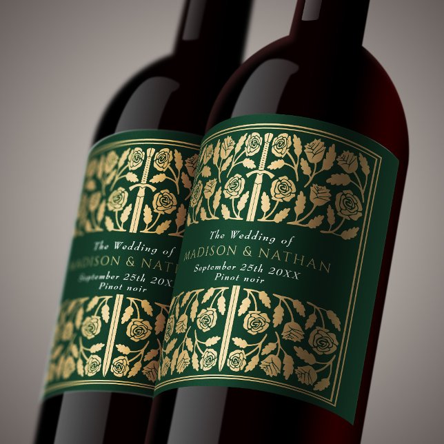 Rótulo De Garrafa De Cerveja Espada Medieval Real Dourada Verde Casamento (Criador carregado)