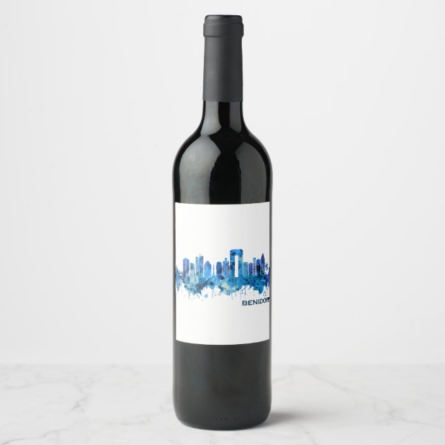 Rótulo De Garrafa De Cerveja Espanha Benidorm Azul Skyline (Frente)