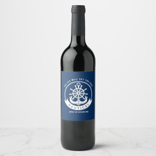 Rótulo De Garrafa De Cerveja Espírito Náutico Âncora,Roda, Azul Marinho (Frente)