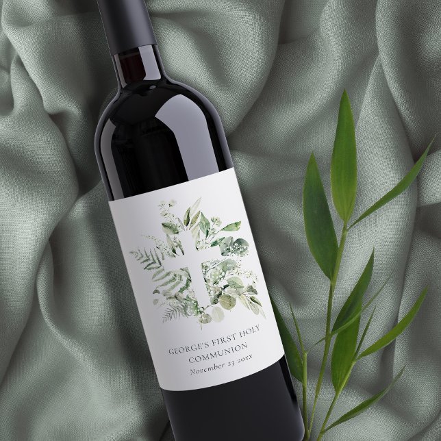 Rótulo De Garrafa De Cerveja Eucalyptus Fern Foliage Cross Primeira Comunhão Sa (Criador carregado)