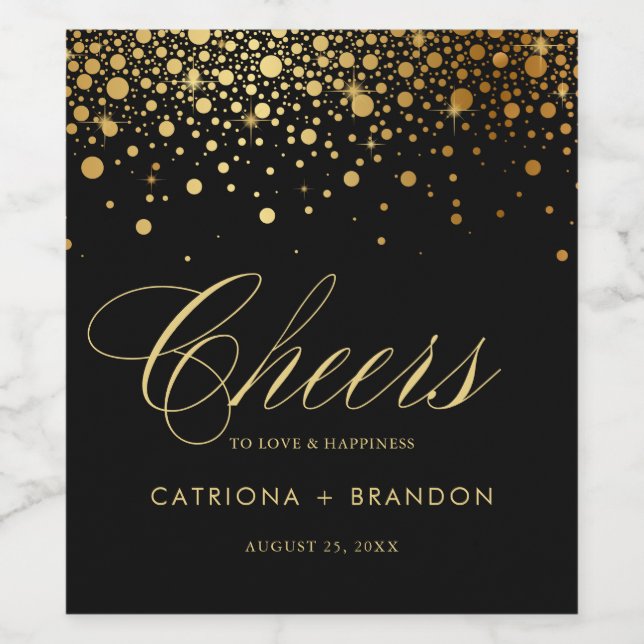 Rótulo De Garrafa De Cerveja Faux Gold Foil & Black Confetti Dots Casamento (Rótulo Único)