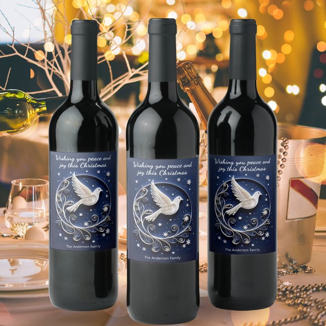 Rótulo De Garrafa De Cerveja Faux Papercraft da Paz Elegante Natal (Personalized Christmas wine bottle labels with dove of peace design in dark blue and white)