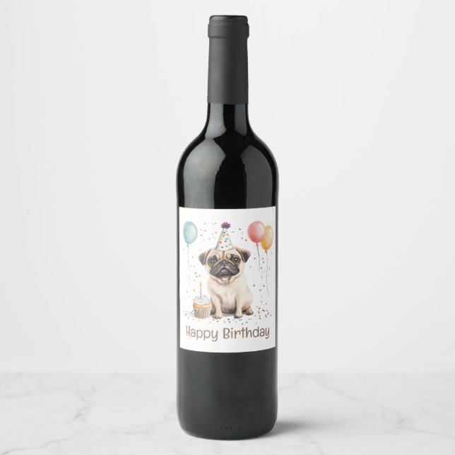 Rótulo De Garrafa De Cerveja Feliz Aniversário Pug Cachorro (Frente)