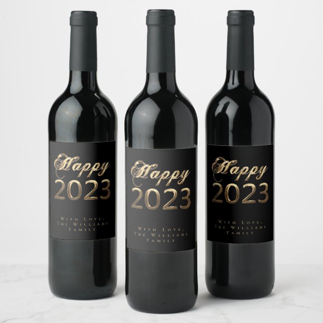 Rótulo De Garrafa De Cerveja Feliz ano novo Preto e Dourado Script Chic 2023 (Garrafas)