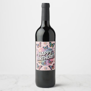 Rótulo De Garrafa De Cerveja Feliz Design de aniversário com borboletas colorid