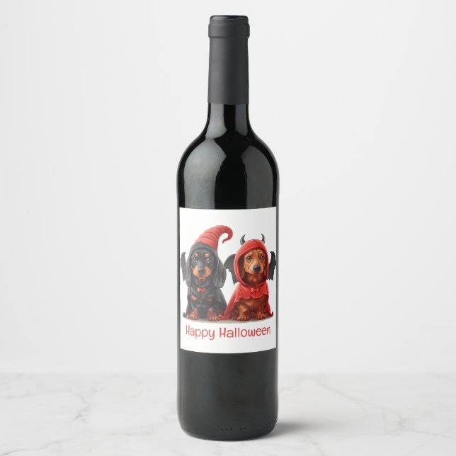 Rótulo De Garrafa De Cerveja Feliz Halloween Dachshund Dogs Devil Bat (Frente)