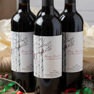 Rótulo De Garrafa De Cerveja Feliz Natal Árvores de Bétula e Pássaros Cardinal 