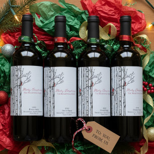 Rótulo De Garrafa De Cerveja Feliz Natal Árvores de Bétula & Pássaros Cardinais