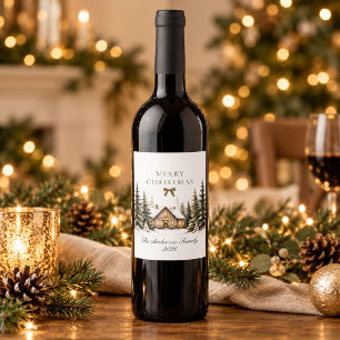 Rótulo De Garrafa De Cerveja Feliz Natal Cabana de Inverno Aconchegante Família