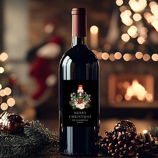 Rótulo De Garrafa De Cerveja Feliz Natal - Script Botânico de Tucracker (Merry Christmas Nutcracker Script Botanical Custom Wine Label)