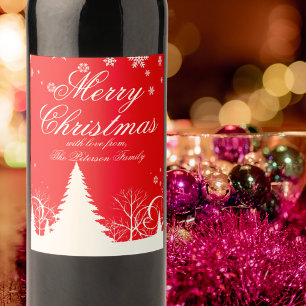 Rótulo De Garrafa De Cerveja Feliz Natal, Vermelho e Branco Paisagem de inverno