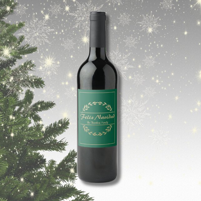 Rótulo De Garrafa De Cerveja Feliz Navidad Ouro de Natal e Verde (Spanish feliz navidad, wine label, custom text, family name. Con Jesus en el camino)