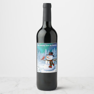 Rótulo De Garrafa De Cerveja Feliz Snowman e Pássaros de inverno