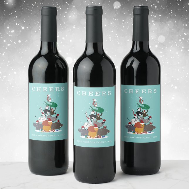 Rótulo De Garrafa De Cerveja Férias de Natal de Animais Selvagens (Wildlife Animals Christmas Tree Holiday Wine Label)