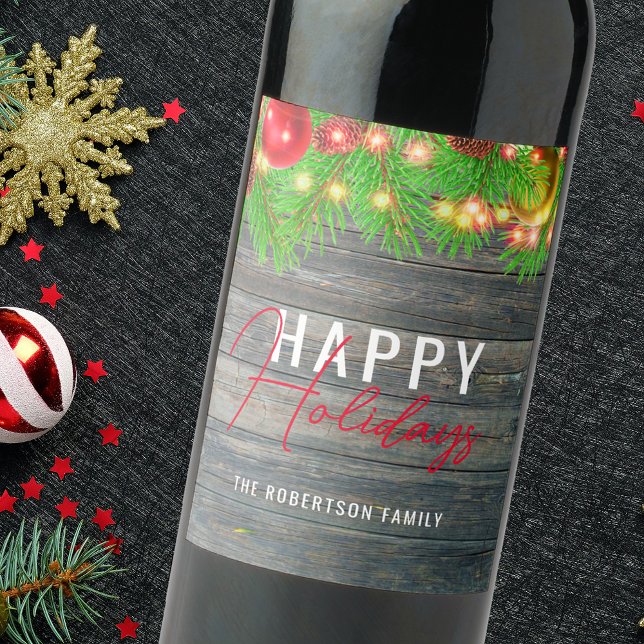 Rótulo De Garrafa De Cerveja FESON Lights Baubles Rustic Holiday Christmas (Criador carregado)