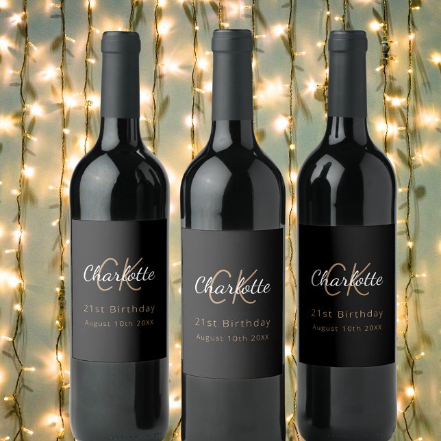 Rótulo De Garrafa De Cerveja Festa de aniversário de monograma preto (Criador carregado)