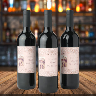 Rótulo De Garrafa De Cerveja Festa de aniversário rosa de dourada com foto de