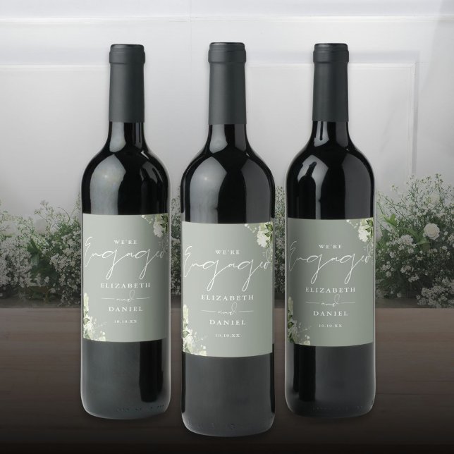 Rótulo De Garrafa De Cerveja Festa de Engajamento Floral Verde Sage (Greenery Floral Sage Green Engagement Party Wine Label)