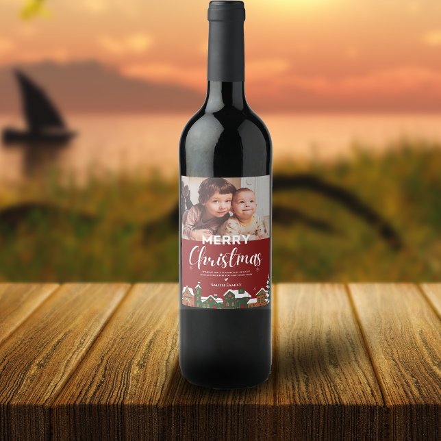 Rótulo De Garrafa De Cerveja Festa Festiva Feriada Vermelha Feliz Natal (Family Photo Festive Red Holiday Merry Christmas Wine Bottle Label
)