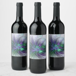 Rótulo De Garrafa De Cerveja Flor de Arte Abstrato Moderno Fractal Verde Roxo